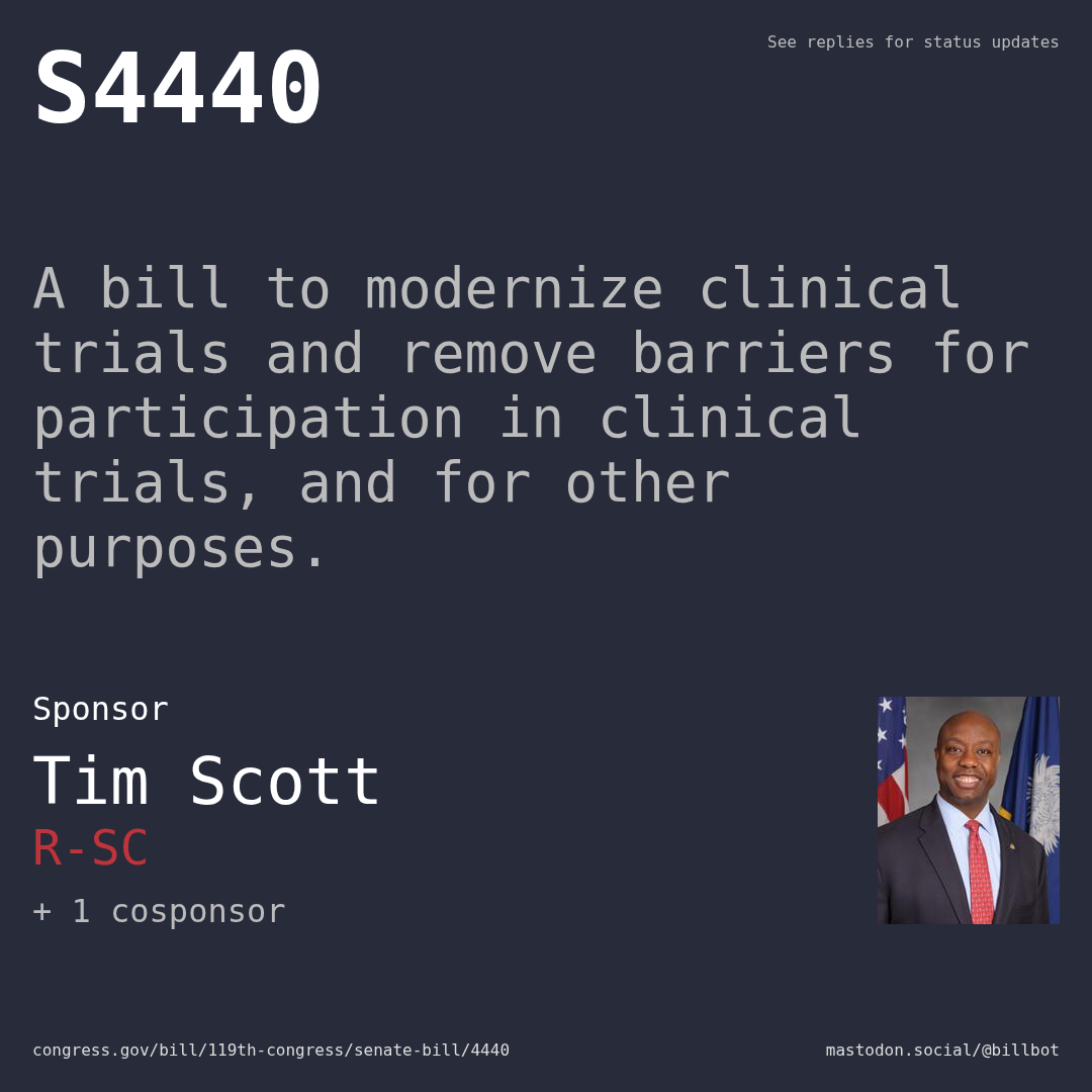 Description of S4440, and a depiction of its sponsor, Tim Scott.