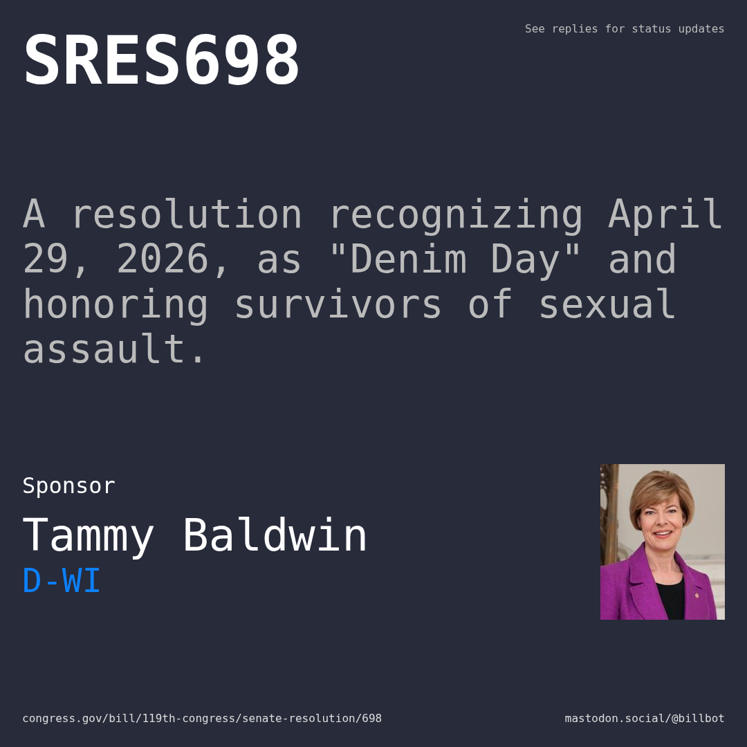 Description of SRES698, and a depiction of its sponsor, Tammy Baldwin.