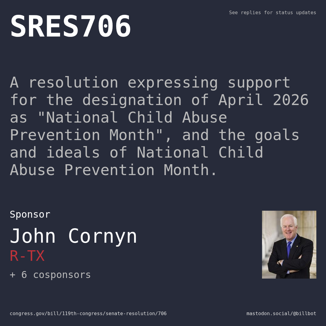 Description of SRES706, and a depiction of its sponsor, John Cornyn.