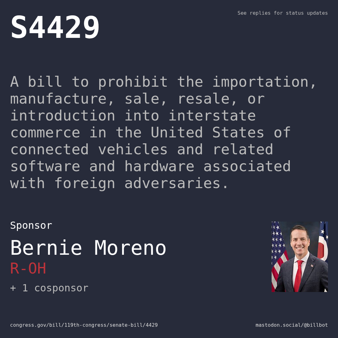 Description of S4429, and a depiction of its sponsor, Bernie Moreno.