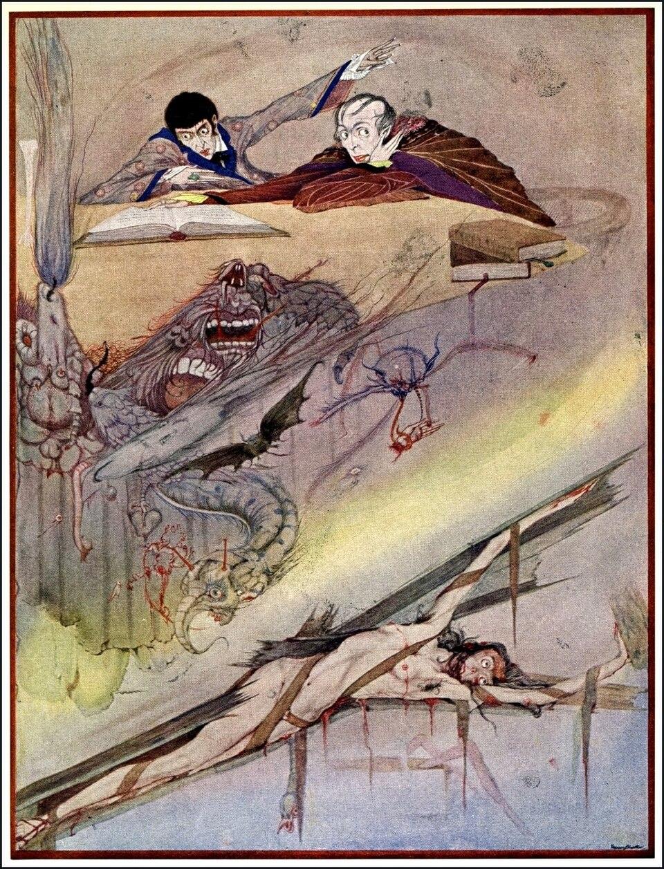 Harry Clarke, The Fall of the House of Usher. Say, rather, the rending of her coffin. (Illustration for Tales of Mystery and Imagination by Edgar Allan Poe.)

Two horrified figures recoil over an open book as nightmarish creatures — a roaring dragon-beast and a bleeding prostrate figure — emerge in a swirling, macabre dreamscape.

https://commons.wikimedia.org/wiki/Category:The_Fall_of_the_House_of_Usher#/media/File:Harry_Clarke_The_Fall_of_the_House_of_Usher.jpg