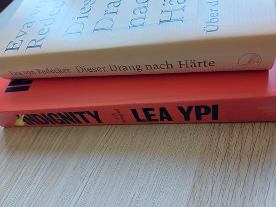 Zwei übereinanderliegende Bücher auf einer Tischplatte. Die Buchrücken sind erkennbar. Es handelt sich um "Indignity" von Lea Ypi und "Dieser Drang nach Härte" von Eva von Redecker.