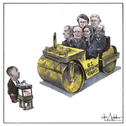 Single panel cartoon. An African-American man is putting his ballot in the voting urn, whilst a yellow steam roller, driving by the members of the SCOTUS is about to flatten him. By the eminent Micheal de Adder, Canadian cartoonist.