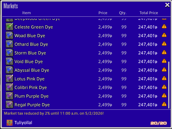 Crafted dyes for sale on the market board. FFXIV, 2026.