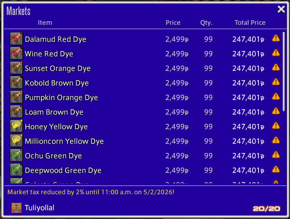 Crafted dyes for sale on the market board. FFXIV, 2026.