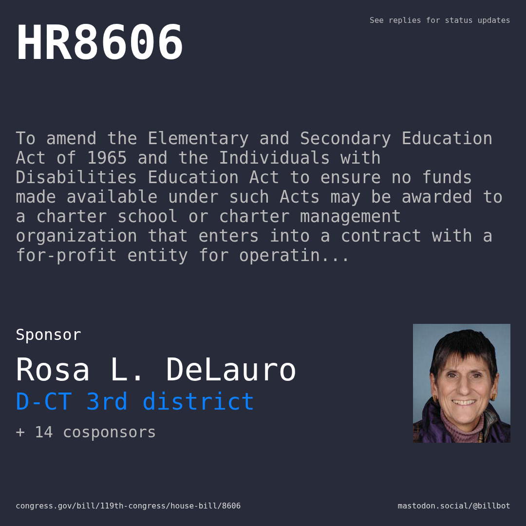 Description of HR8606, and a depiction of its sponsor, Rosa L. DeLauro.