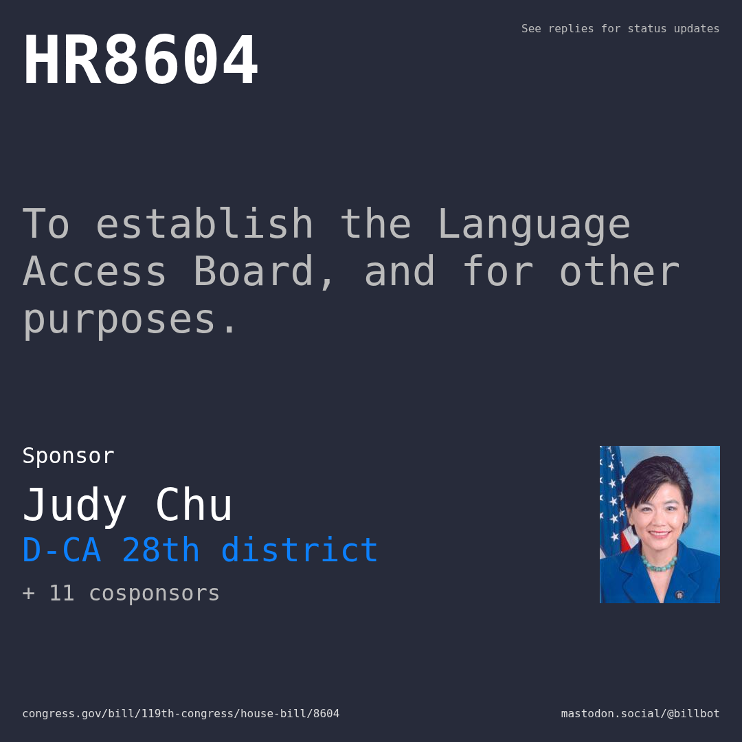 Description of HR8604, and a depiction of its sponsor, Judy Chu.