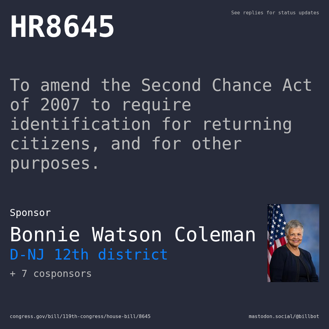 Description of HR8645, and a depiction of its sponsor, Bonnie Watson Coleman.