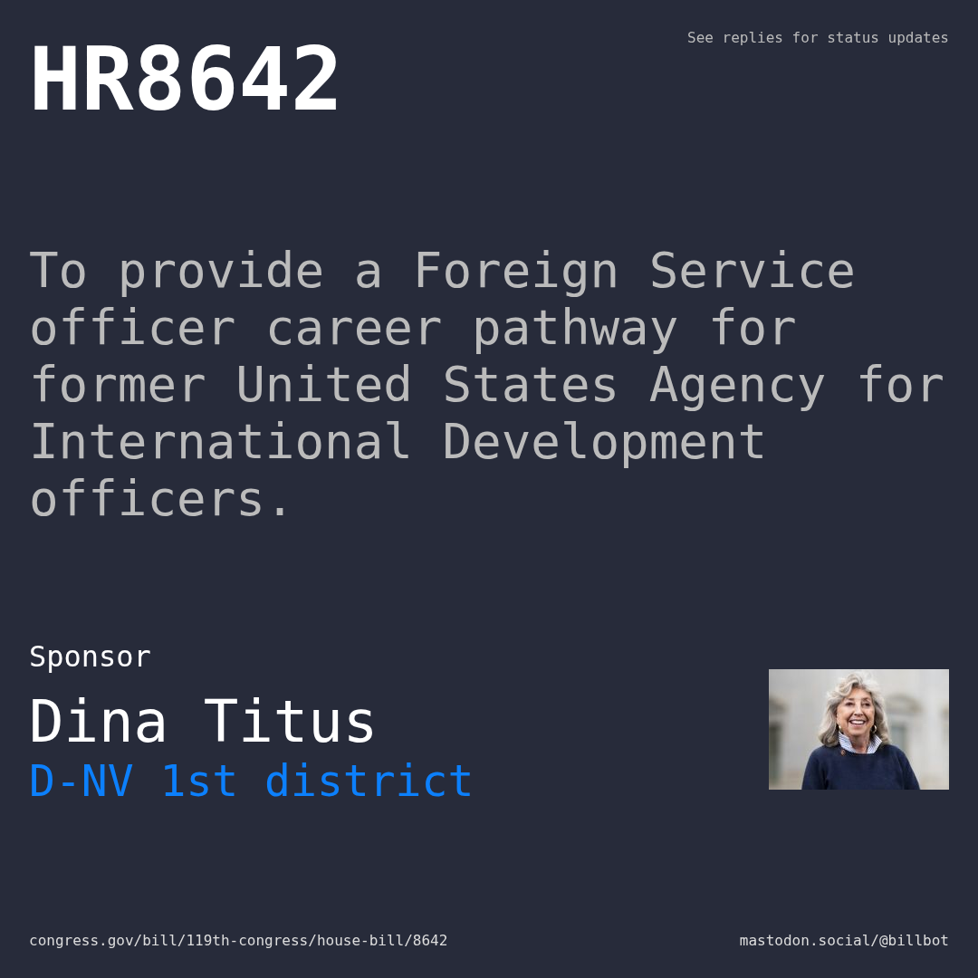 Description of HR8642, and a depiction of its sponsor, Dina Titus.