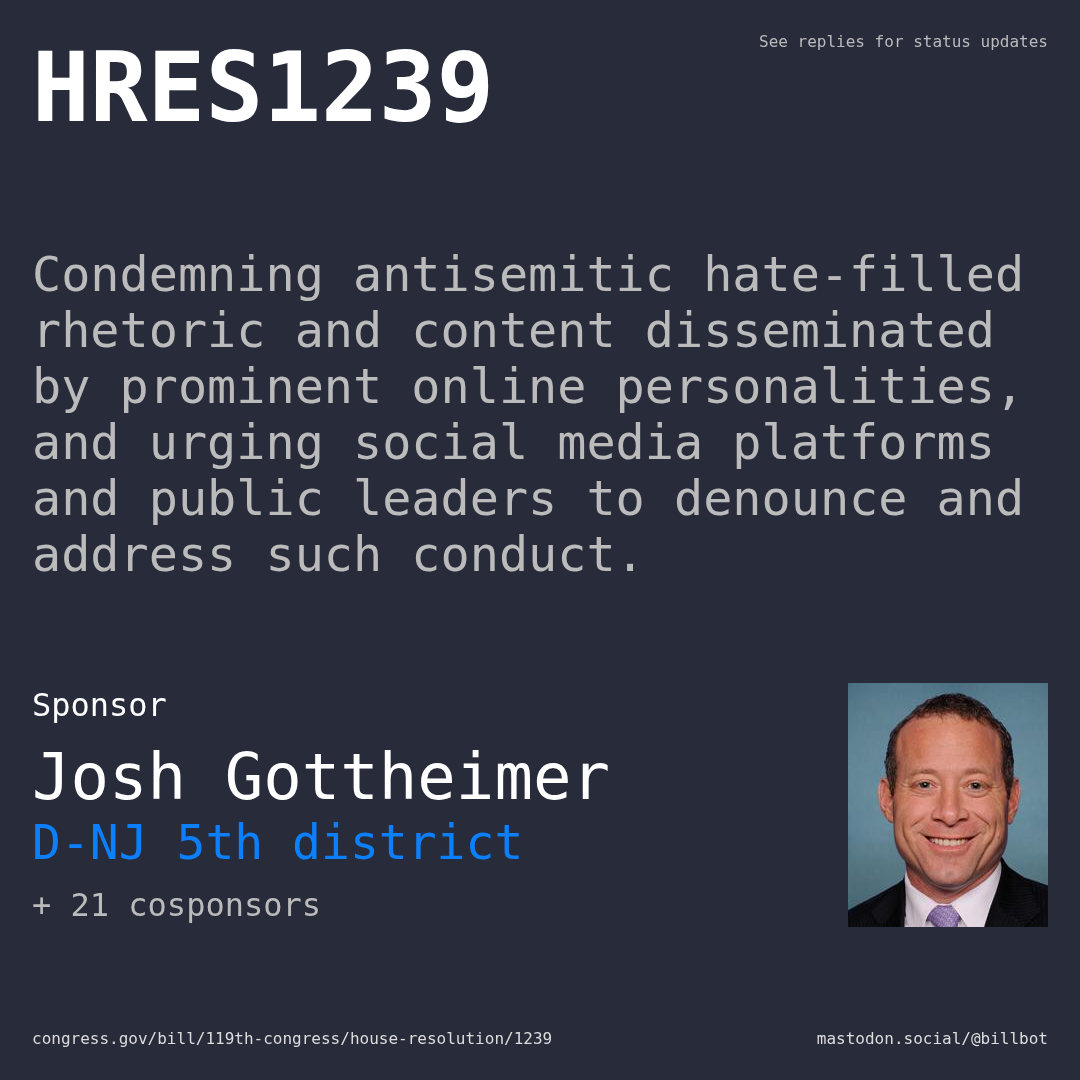 Description of HRES1239, and a depiction of its sponsor, Josh Gottheimer.
