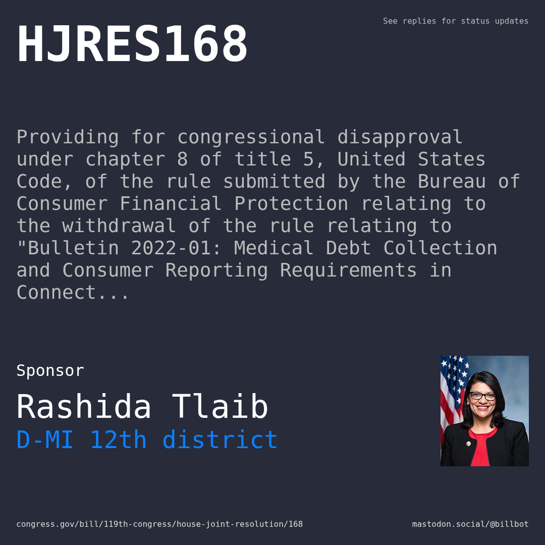 Description of HJRES168, and a depiction of its sponsor, Rashida Tlaib.