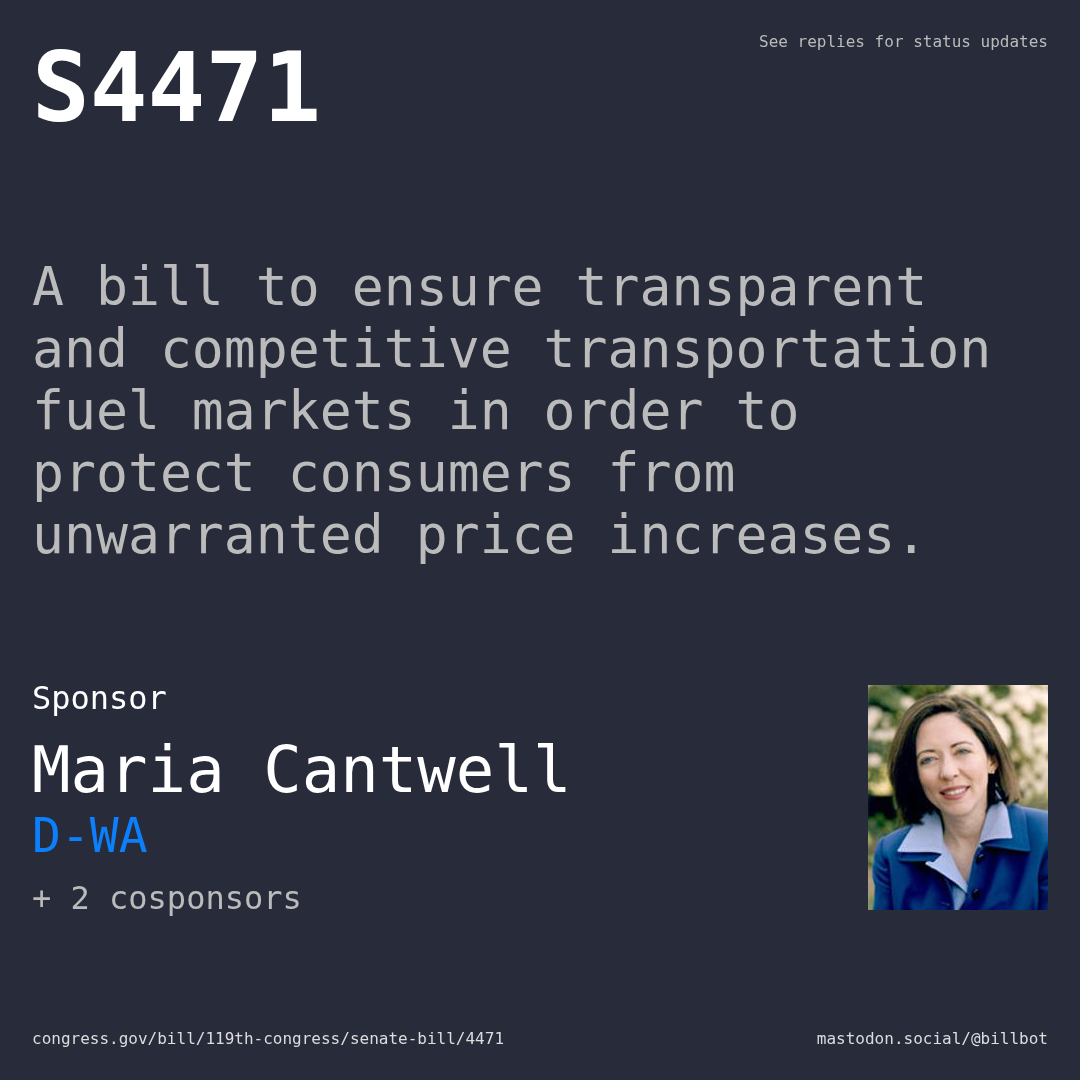 Description of S4471, and a depiction of its sponsor, Maria Cantwell.