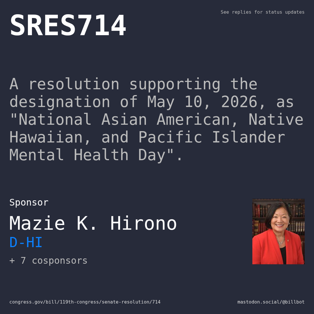 Description of SRES714, and a depiction of its sponsor, Mazie K. Hirono.