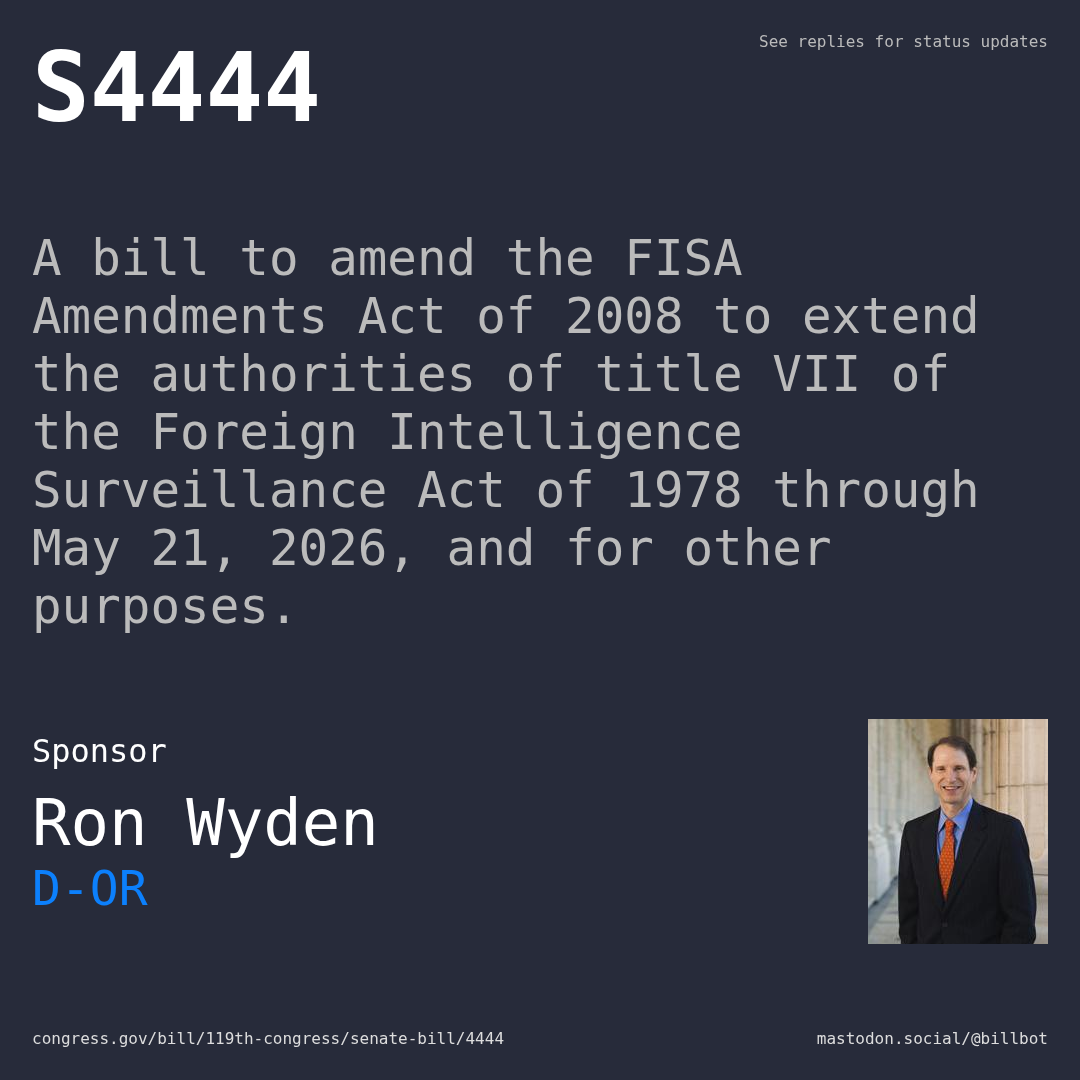 Description of S4444, and a depiction of its sponsor, Ron Wyden.