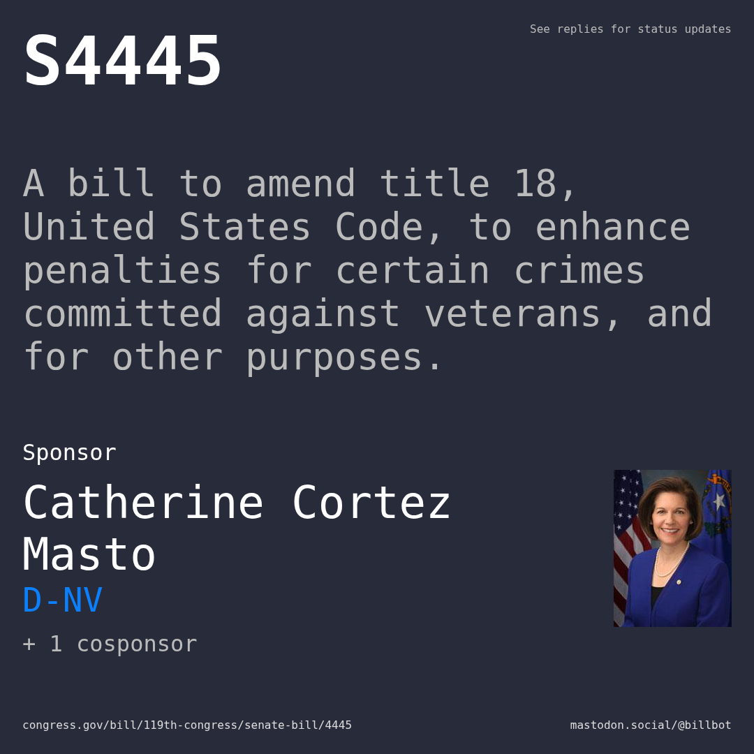 Description of S4445, and a depiction of its sponsor, Catherine Cortez Masto.