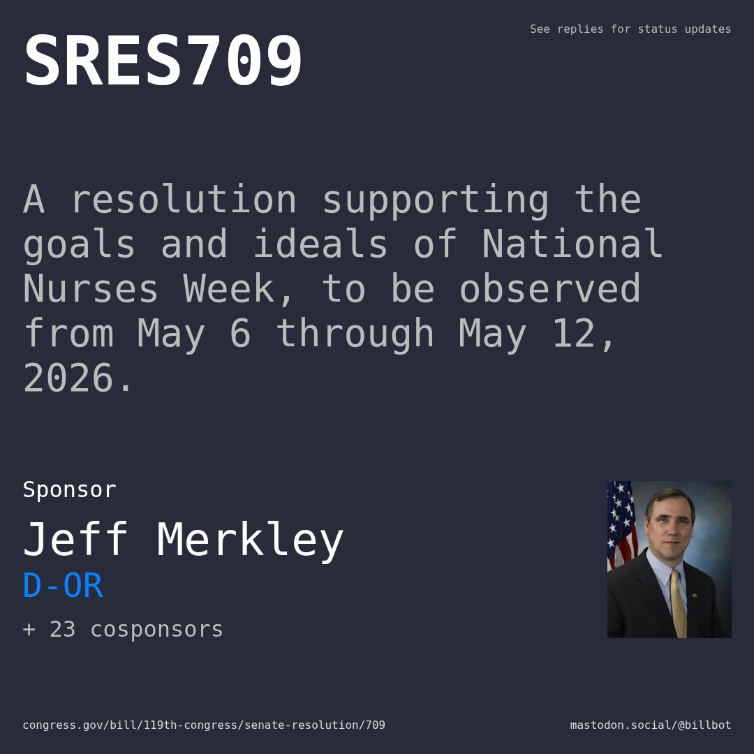 Description of SRES709, and a depiction of its sponsor, Jeff Merkley.