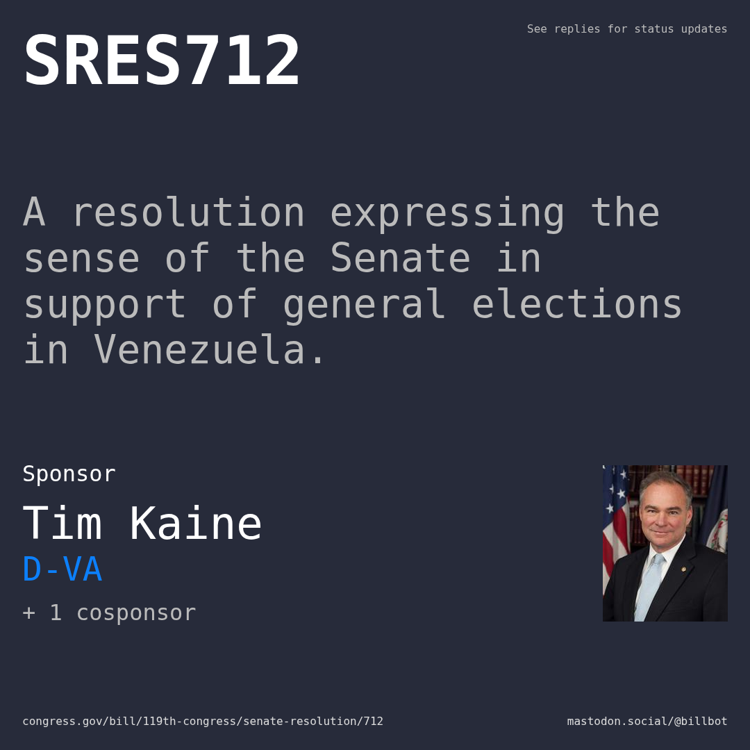 Description of SRES712, and a depiction of its sponsor, Tim Kaine.