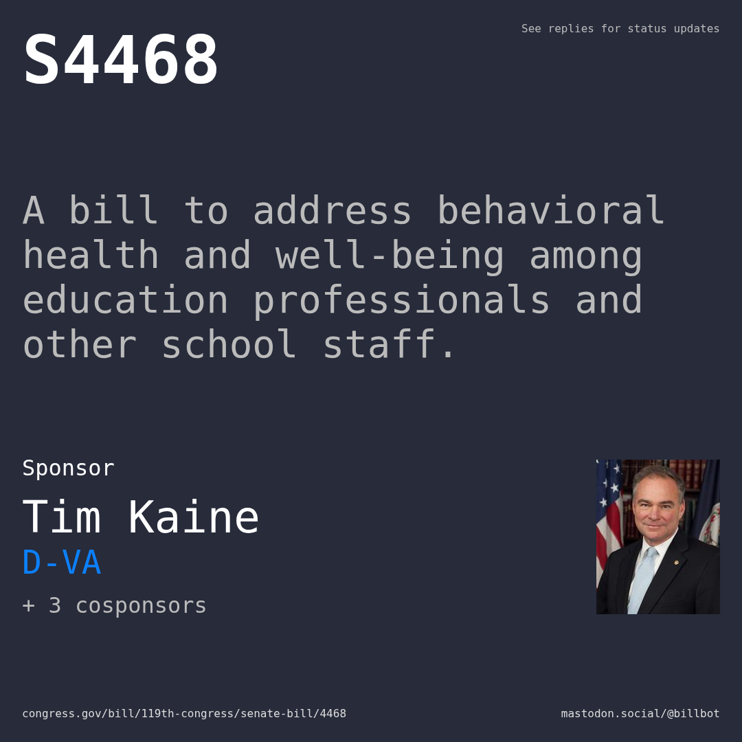 Description of S4468, and a depiction of its sponsor, Tim Kaine.