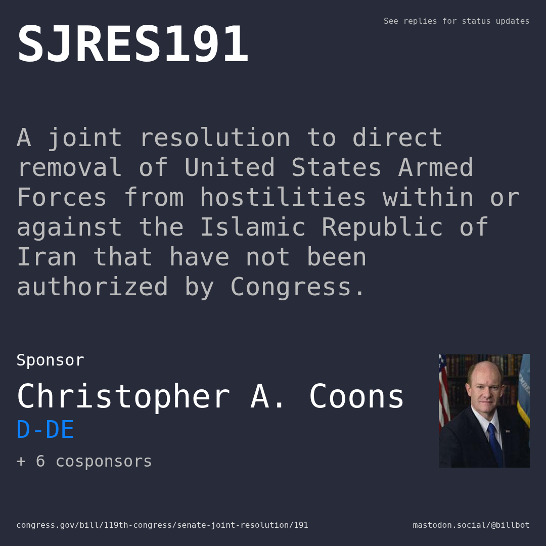 Description of SJRES191, and a depiction of its sponsor, Christopher A. Coons.