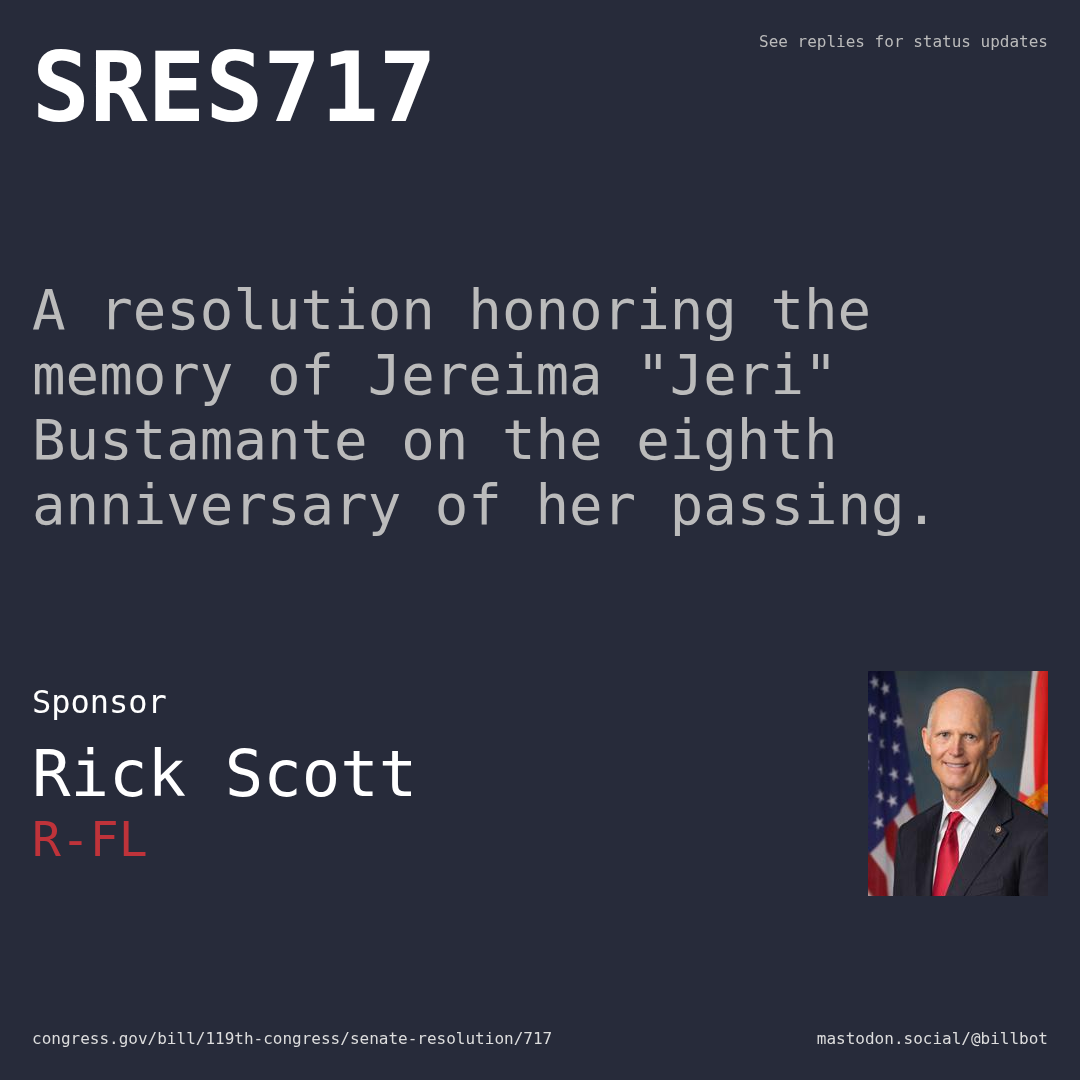 Description of SRES717, and a depiction of its sponsor, Rick Scott.