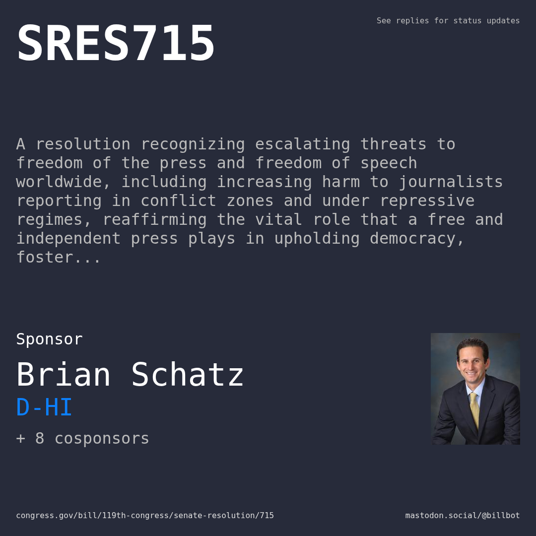 Description of SRES715, and a depiction of its sponsor, Brian Schatz.