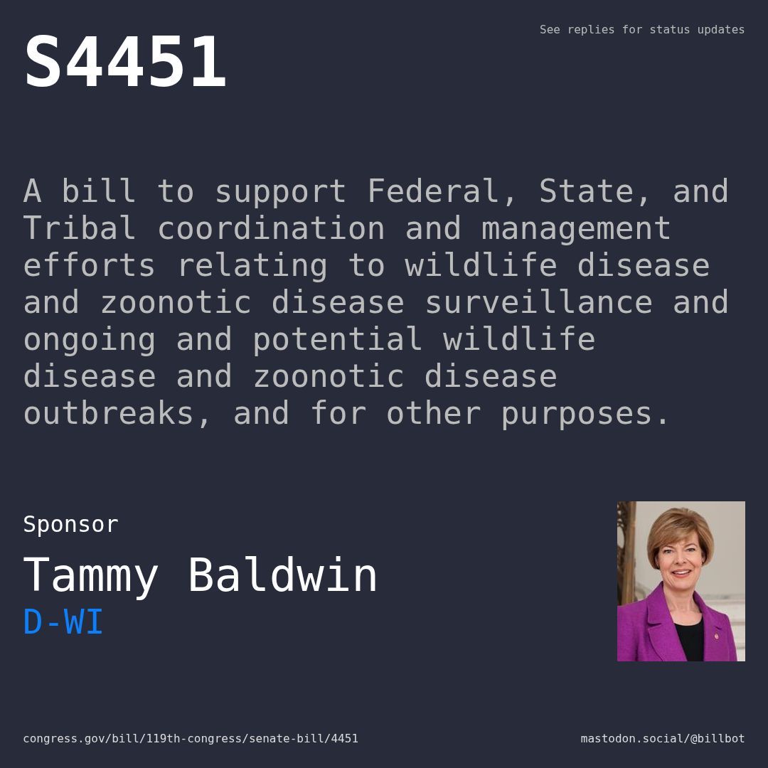 Description of S4451, and a depiction of its sponsor, Tammy Baldwin.
