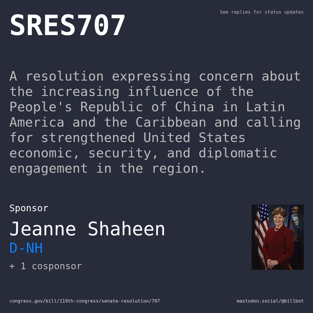 Description of SRES707, and a depiction of its sponsor, Jeanne Shaheen.