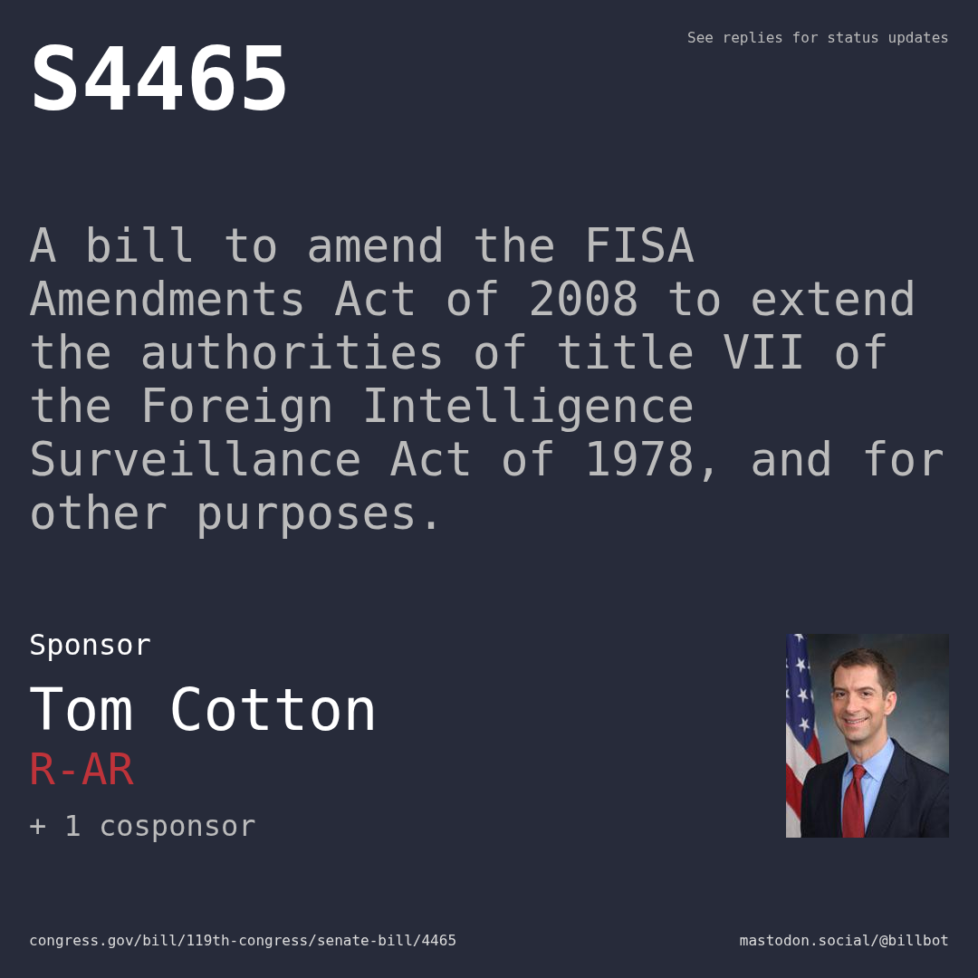 Description of S4465, and a depiction of its sponsor, Tom Cotton.