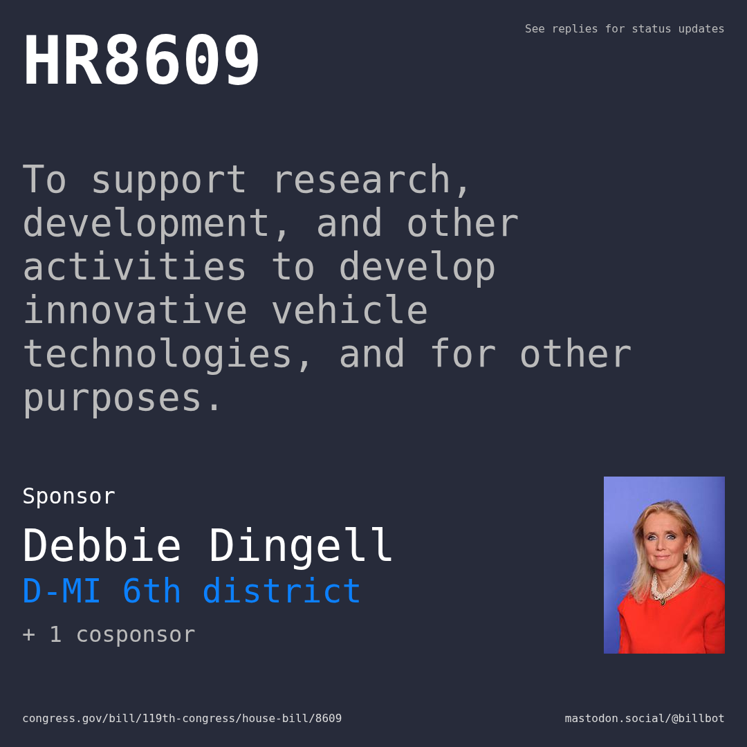 Description of HR8609, and a depiction of its sponsor, Debbie Dingell.