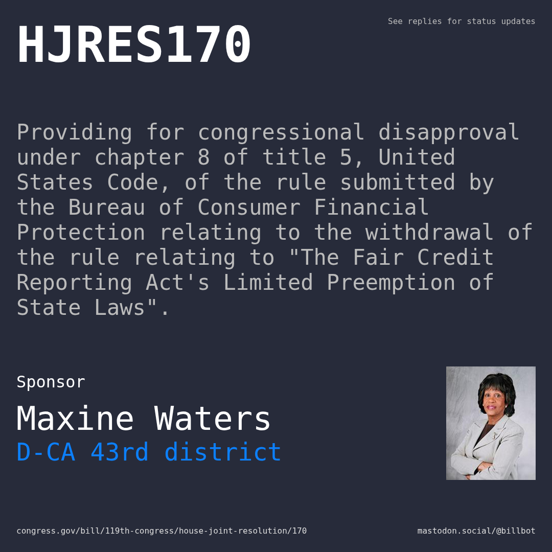 Description of HJRES170, and a depiction of its sponsor, Maxine Waters.