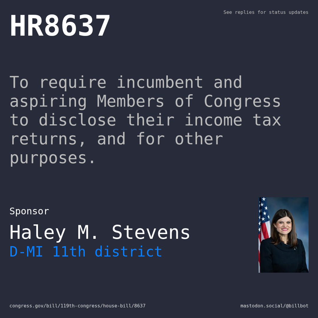 Description of HR8637, and a depiction of its sponsor, Haley M. Stevens.