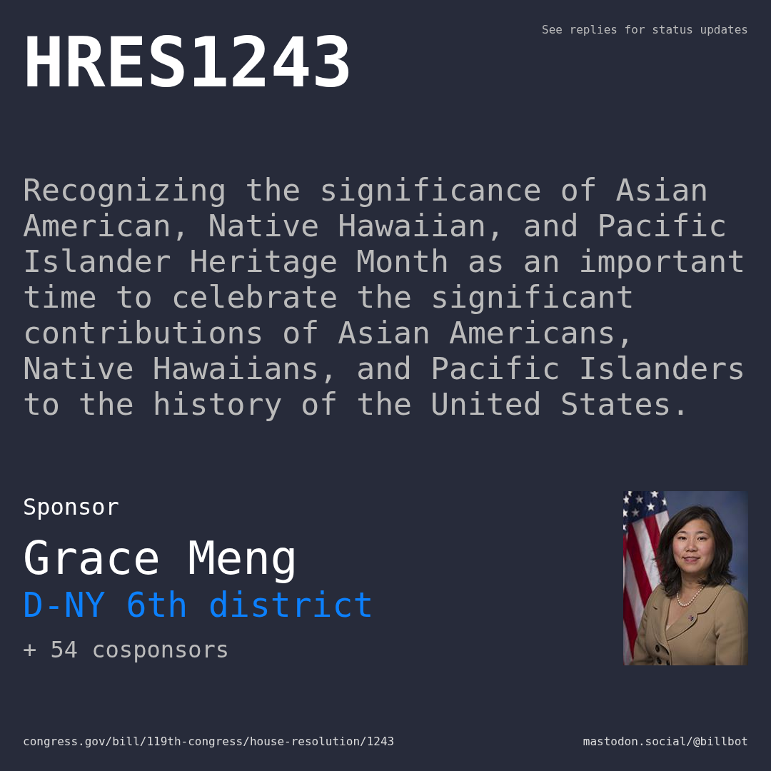 Description of HRES1243, and a depiction of its sponsor, Grace Meng.