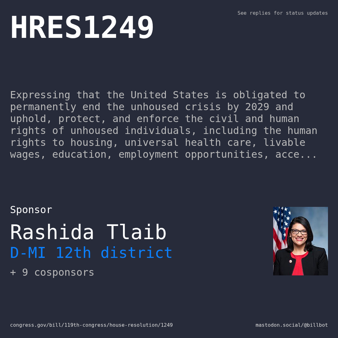 Description of HRES1249, and a depiction of its sponsor, Rashida Tlaib.