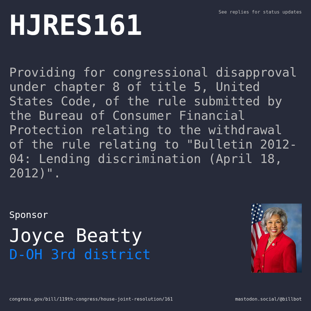 Description of HJRES161, and a depiction of its sponsor, Joyce Beatty.