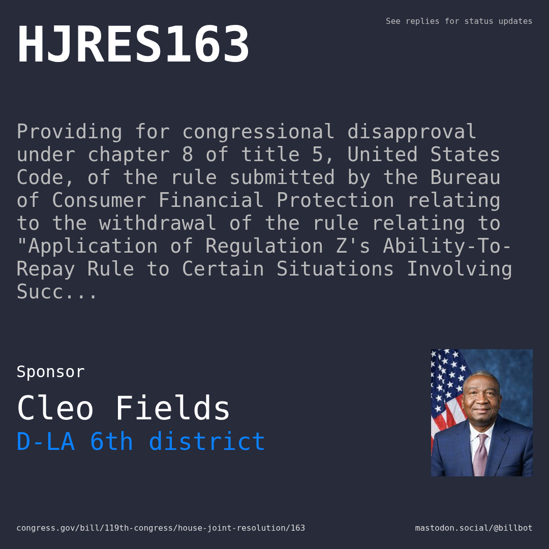Description of HJRES163, and a depiction of its sponsor, Cleo Fields.