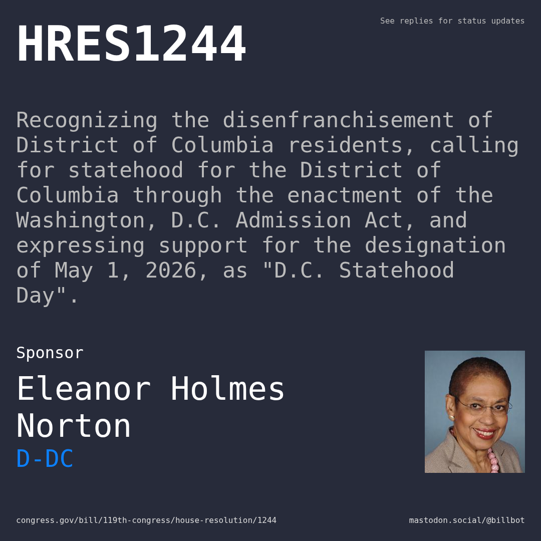 Description of HRES1244, and a depiction of its sponsor, Eleanor Holmes Norton.