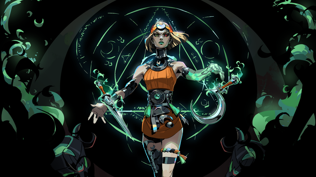 Promotional image of Hades II protagonist Melinoë. She has shoulder-length blond hair and wears a short, orange tunic, wielding a dagger and a sickle by floating them in front of her via magic. She stands against a dark background illuminated by a green magic circle and a lunar crescent.