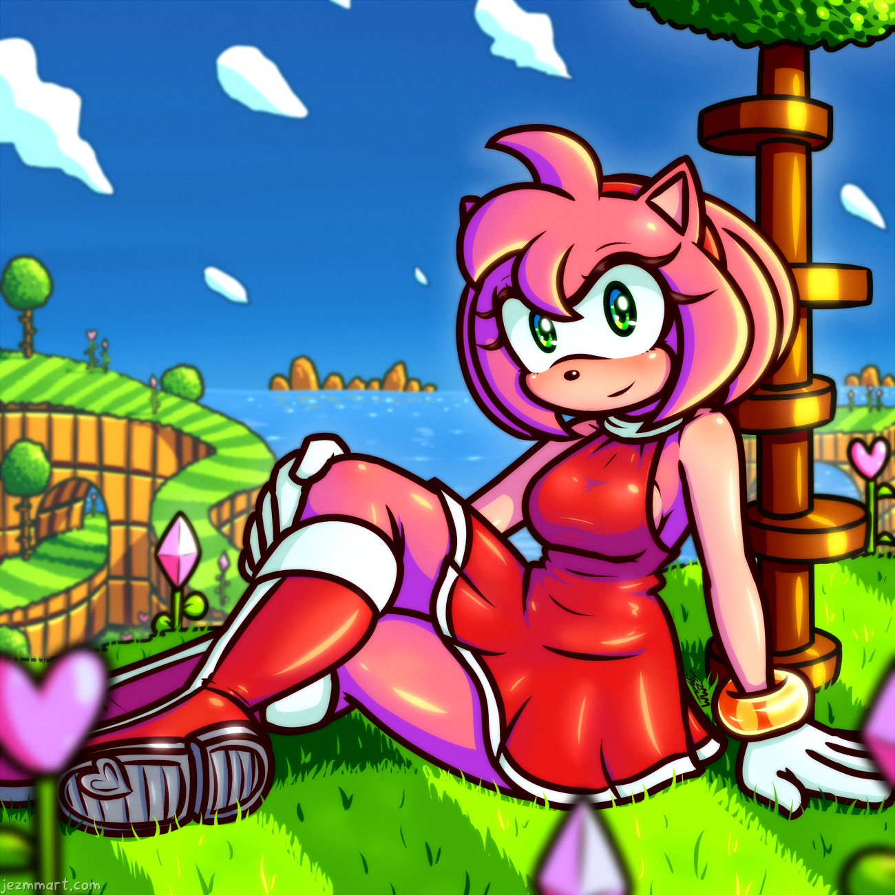 Digital cartoon pin-up illustration of Amy Rose from Sonic the Hedgehog. She's in her typical red dress, sat underneath a tree in the Green Hills Zone from Sonic the Hedgehog 2 for Master System and Game Gear, the scenery of which stretches into the distance. She is drawn with more anthropomorphised proportions than her canon look.