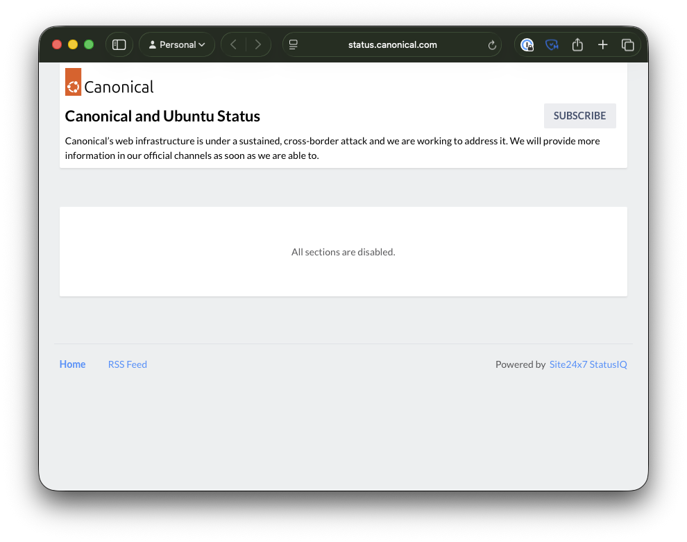 A screenshot of the status.canonical.com website, displaying a box saying "all sections are disabled"