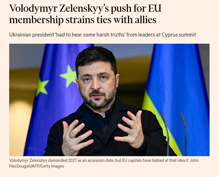 Volodymyr Zelenskyys hard push for Ukraine to swiftly join the EU is raising tensions with European capitals at a time when Washington weighs continued support for Kyiv. #Russia #EU