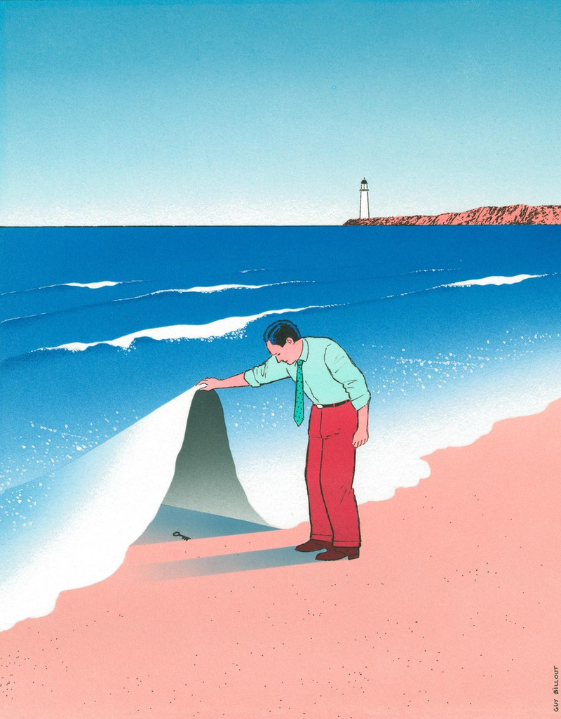 A surreal illustration of a man in a light green shirt and red trousers standing on a beach. He peels back the surface of the blue ocean as if it were a sheet of paper, revealing a small metal key lying on the sand underneath. A lighthouse stands on a distant cliff under a clear blue sky.