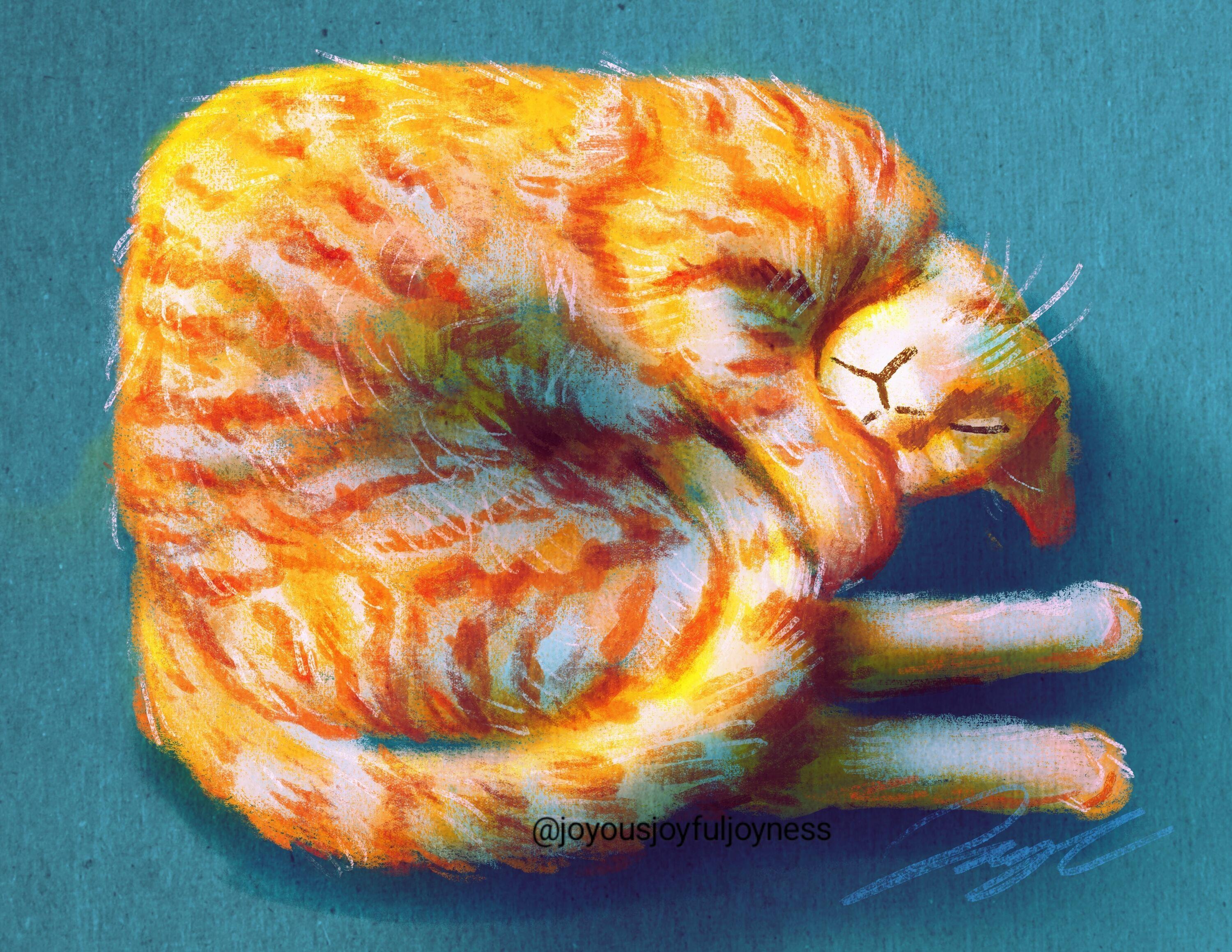 Painting of a ginger cat contorted in a shrimp shape and sleeping. The background is teal. The artist's signature and @joyousjoyfuljoyness watermark are at the bottom right.