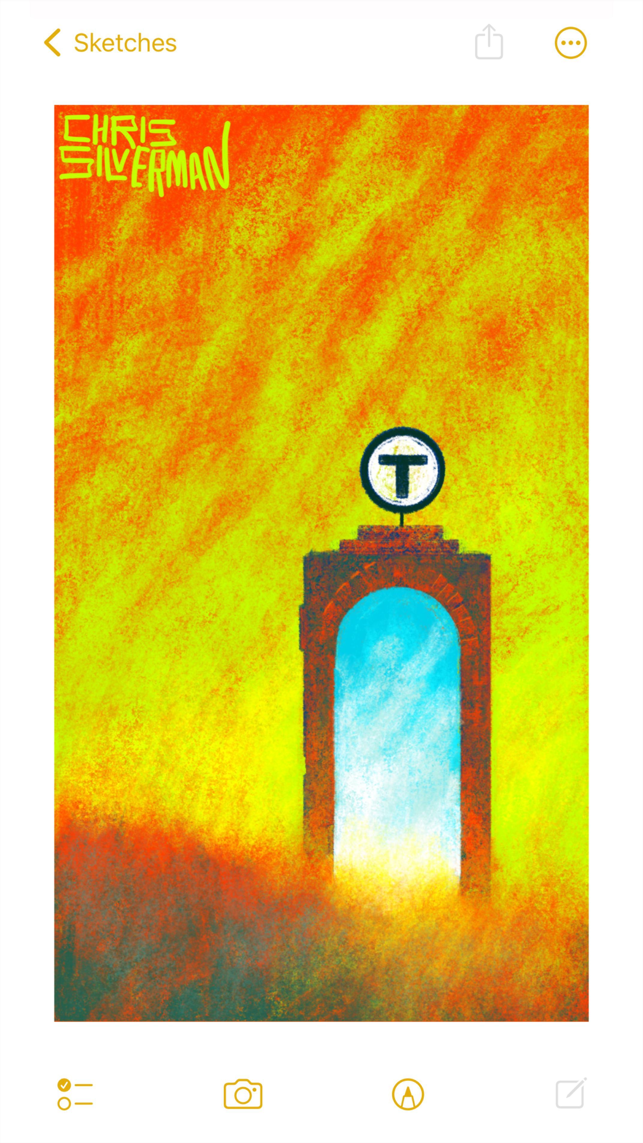 A reddish meadow under a fiery orange-yellow sky. Standing in the middle of the meadow is a doorway that appears to be a portal. Through the doorway is an entirely different world; one with a blue sky and white clouds. The doorway casts a yellow glow across the red grass, and is made of orange brick. Attached to the top of it is a round white sign with a black letter T: the logo for the Boston subway system. The painting is signed "Chris Silverman".
