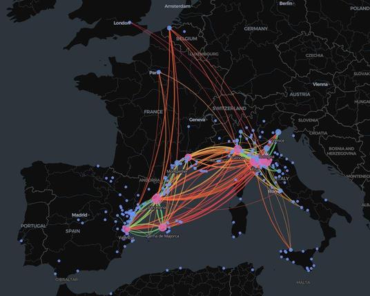 A dark-themed interactive map of the medieval western Mediterranean showing 14th-century merchant letter routes as curved arcs coloured from cyan (fast, 0–5 days) through yellow to red (30+ days). Short land routes between Tuscan cities glow cyan; longer sea routes to Barcelona and Majorca burn orange and red, revealing the unpredictability of medieval maritime travel.
(299 characters)
 
Long (accessible description for screen readers / figure caption):
Screenshot of the Datini Letters Geospati…