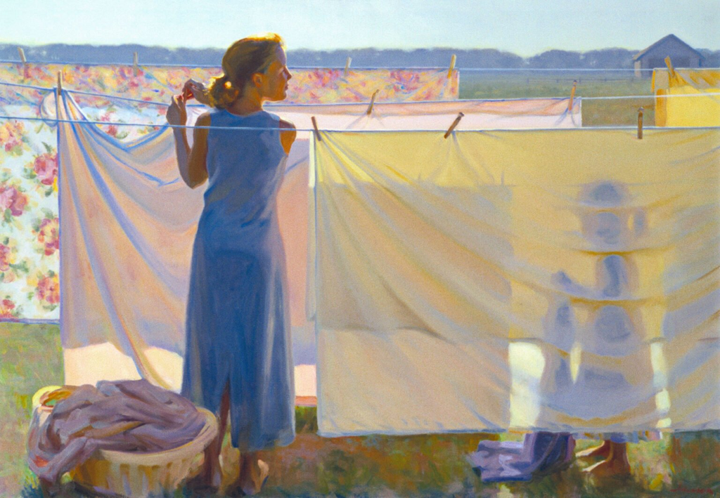 A sunlit painting of a woman in a blue dress hanging white and floral sheets on a clothesline in an open field. The silhouette of a child is visible through one of the hanging sheets.