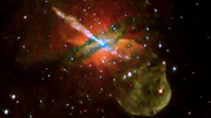 A multiwavelength image of galaxy Centaurus A, showcasing its enormous high-energy jet in X-ray light due to electromagnetic acceleration around the central black hole. Centaurus A is the closest active galaxy to us.