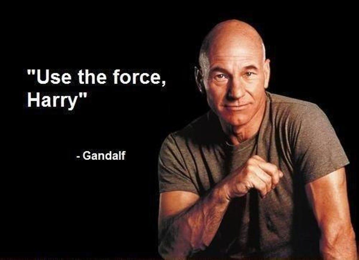 An image of Patrick Stewart with a obviously incorrect quote. Black background and white text.