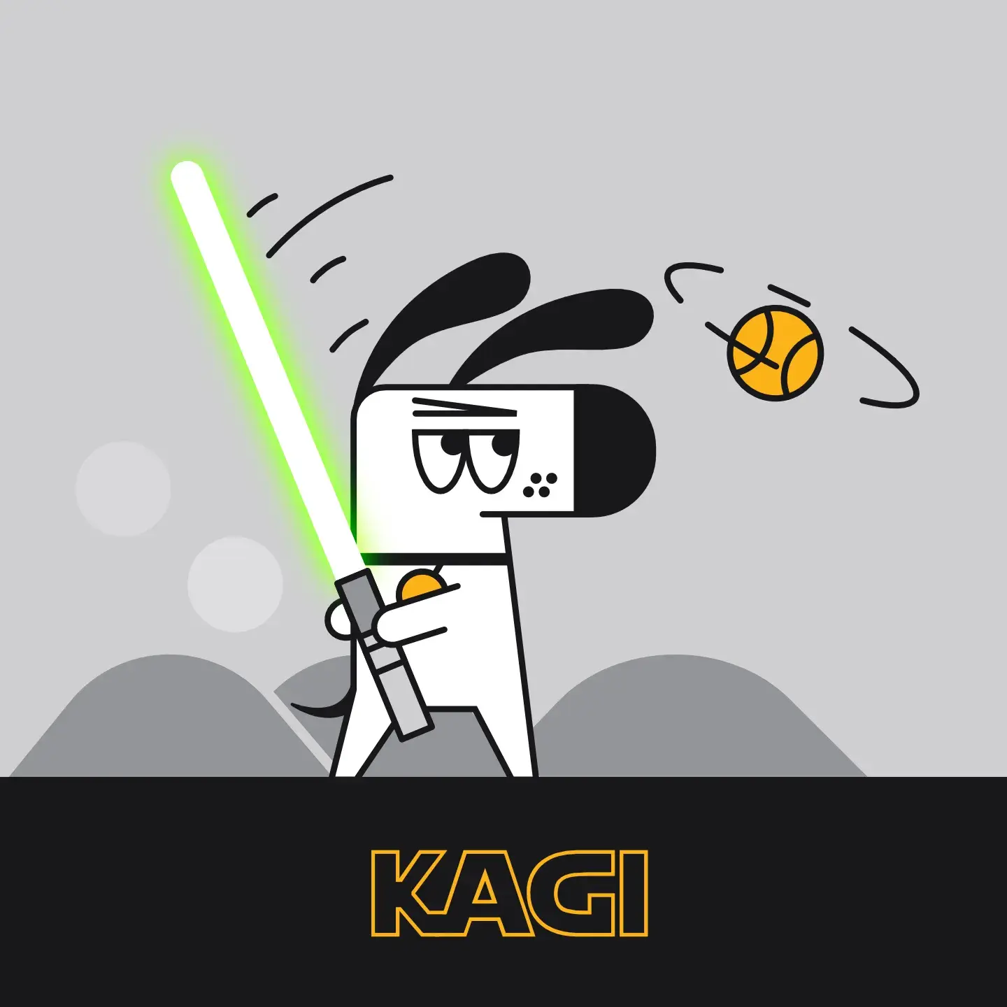 An illustration of Doggo, Kagi’s dog mascot, holding a glowing green lightsaber in one hand, with a determined expression to attempt to hit an orange ball, which is spinning towards him nearby. Doggo is standing against a gray background with abstract shapes and dark gray hills. The word "KAGI" is prominently displayed at the bottom in a bold, Star Wars font in yellow against a black background.