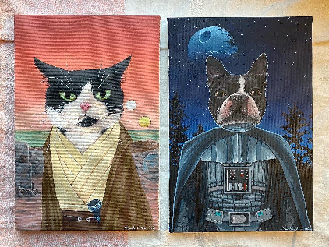 Two side-by-side acrylic paintings featuring pets as Star Wars characters: a black and white cat dressed as a Jedi on a desert planet with two suns, and a Boston Terrier dressed as Darth Vader against a night sky with the Death Star