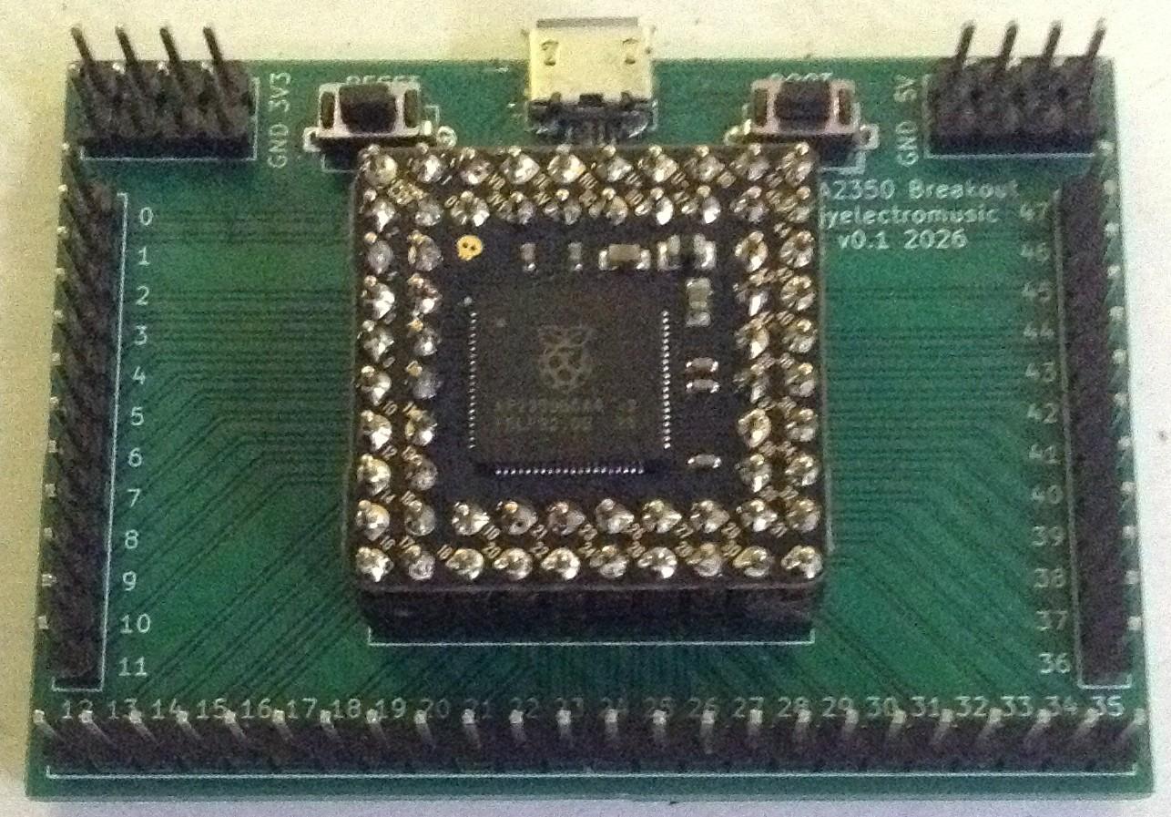 Photo of a small rectangular PCB with breakout pin headers around all sides, a micro USB socket and two buttons on the top side, and a square 10x10 pin (approx 25x25mm) module in the centre with two rows of 2.54mm spaced pins around all four sides - 64 pins in total - and a Raspberry Pi RP2350 almost in the centre.